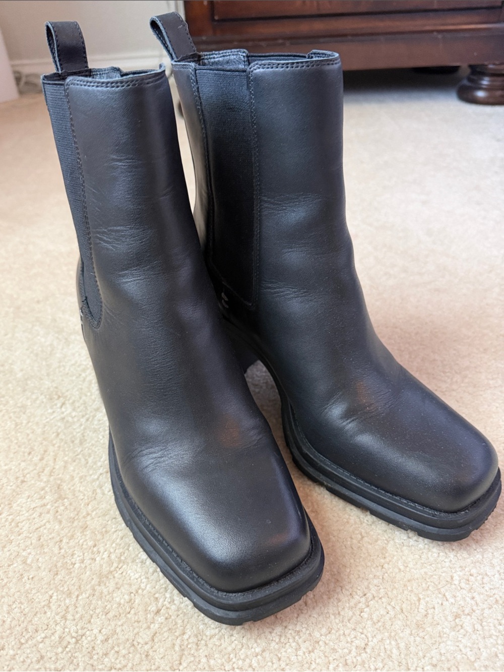 Crown Vintage Black Leather Square-Toe Chelsea Ankle Boots